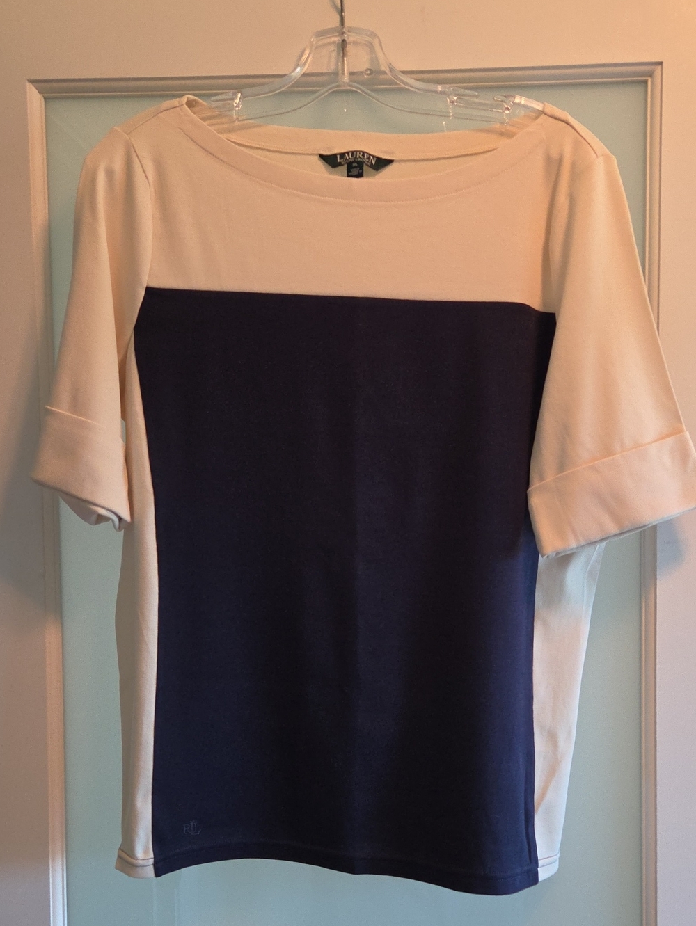 Ralph Lauren Lauren Ralph Lauren Cream and Navy Colorblock Short Sleeve Top